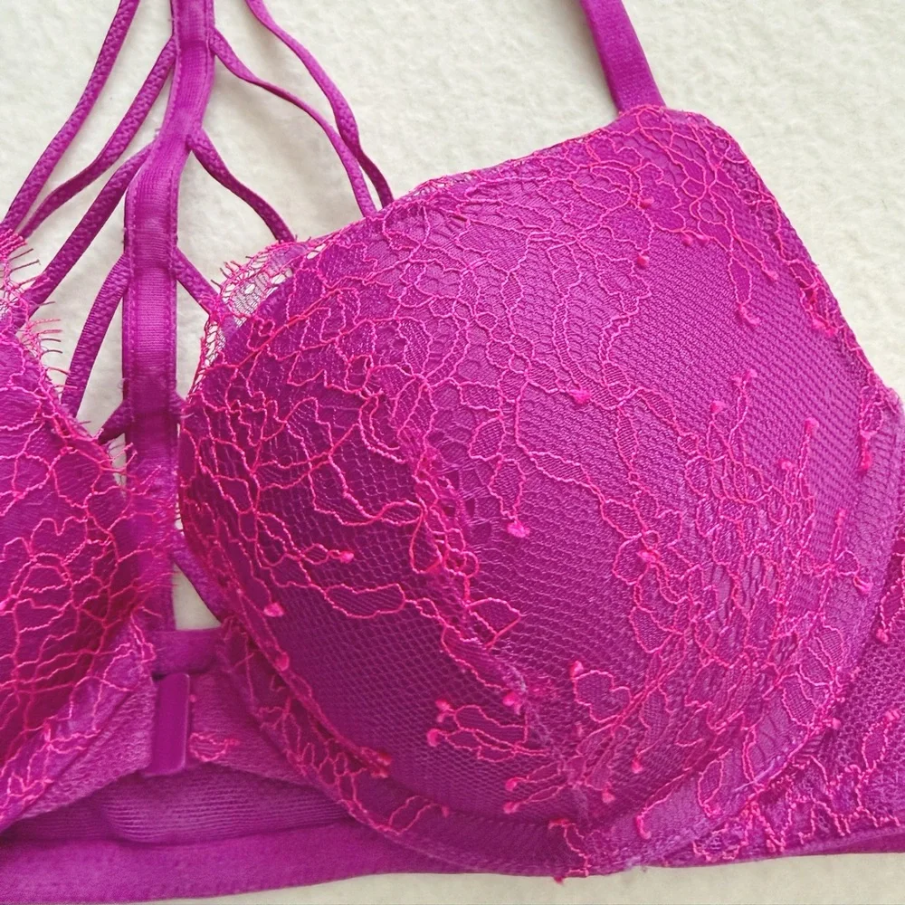 Victoria's Secret Very Sexy Magenta Floral Lace Front-Close Push-Up Bra 32B - Picture 6 of 16